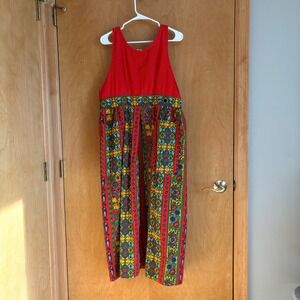 Design House Red Floral Print Halter Pinafore Faux Wrap‎ Dress Cotton